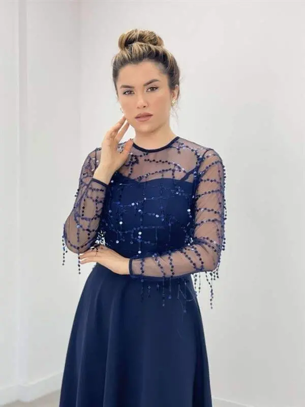 Yuqori hoshiyali payetli pastki ikki qavatli mato Midi bo'yli ko'ylak - LOJUVERT - 4