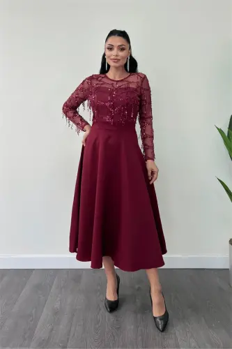 Yuqori hoshiyali payetli pastki ikki qavatli matodan yasalgan midi bo'yli ko'ylak - BORDO - 1