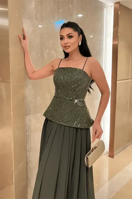 Yuqori munchoqli mato, pastki shifon dizayni ko'ylak - HAKI YASHIL - 3