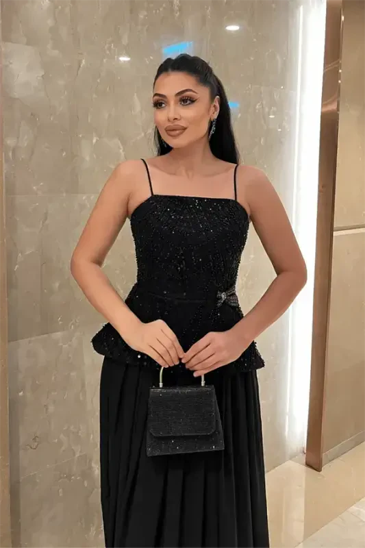 Yuqori munchoqli mato pastki shifon dizayni ko'ylak - QORA - 4