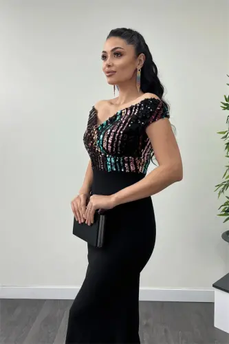 Yuqori payet, pasti krep baliq kechki libos - Qora - 3