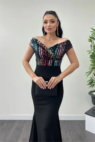 Yuqori payet, pasti krep baliq kechki libos - Qora - 4