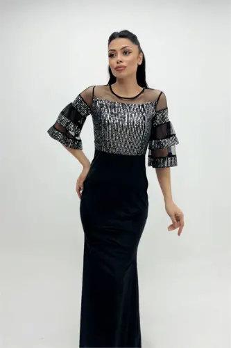 Yuqori payet pastki baxmal kechki libos - Kumush - 3