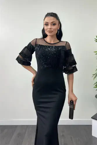 Yuqori payet pastki krep mato abiye ko'ylak - Qora - 3