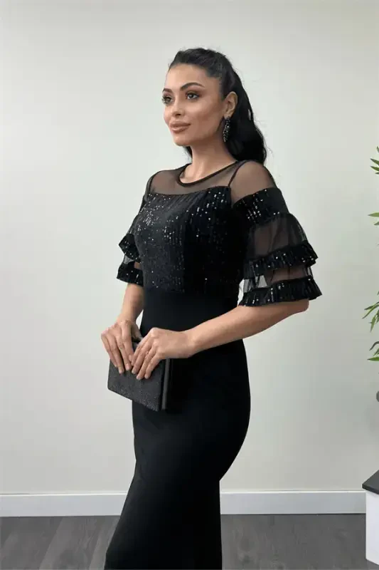 Yuqori payet pastki krep mato abiye ko'ylak - Qora - 4