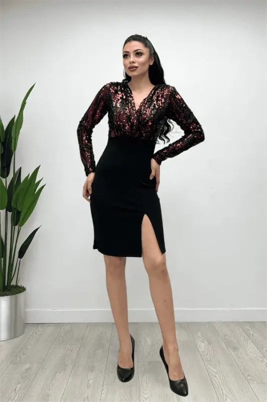 Yuqori payet pastki krep matoli kechki libos - BORDO - BÜYÜKBEDENIZ