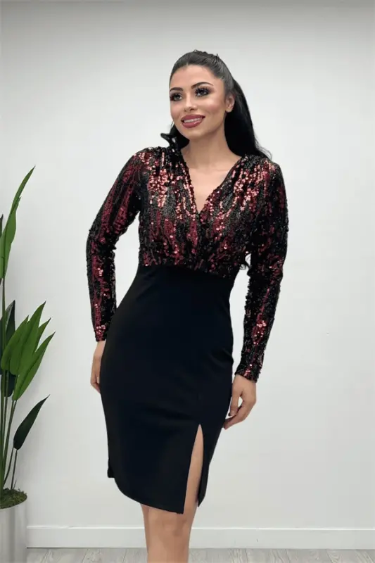 Yuqori payet pastki krep matoli kechki libos - BORDO - 4