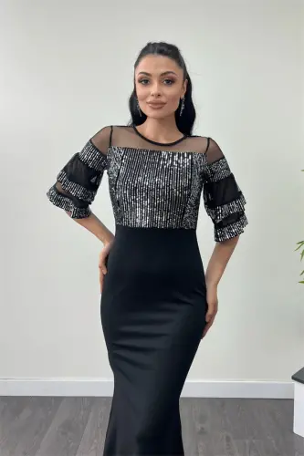 Yuqori payet pastki krep matoli kechki libos - Kumush - 3