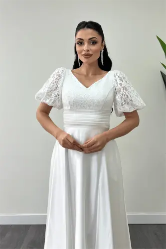 Yuqori qismi dantelli, pastki qismi atlas detalli midi ko‘ylak - OQ - 3