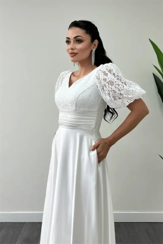 Yuqori qismi dantelli, pastki qismi atlas detalli midi ko‘ylak - OQ - 4