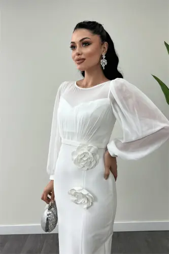 Yuqori shifon pastki atlas matoli gulli detayli kechki libos - OQ - 4