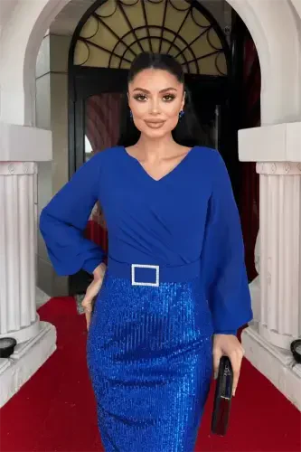 Yuqori shifon pastki payetli mato qalam ko'ylak - SAKS MAVI - 6