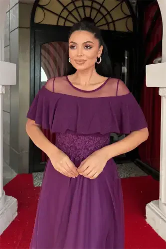 Yuqori Simli Mato Pastki Tulli Mato Tafsilotli Kechki Libos - BADIMJAN RANG - 3