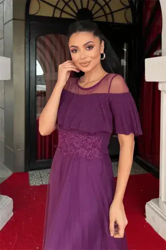 Yuqori Simli Mato Pastki Tulli Mato Tafsilotli Kechki Libos - BADIMJAN RANG - 4