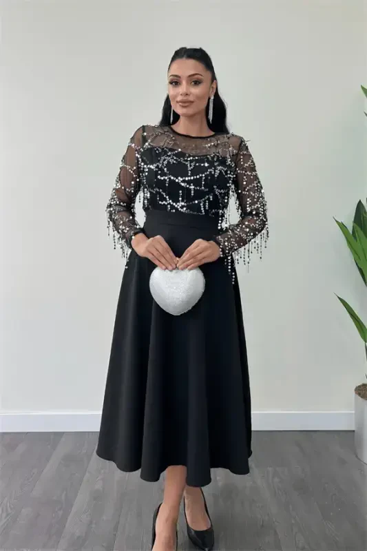 Yuqori tokali payetli pastki ikki qavatli mato midiboy ko'ylak - KUMUSH - 3