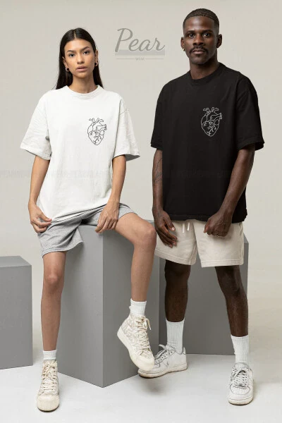 Yurak bosilgan 2 ta juftlik Unisex katta hajmdagi futbolka - PEAR WEAR