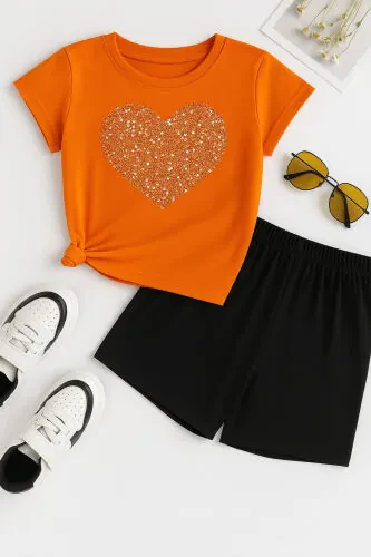 Yurak Paxta Bolalar To'plam - To'q sariq rangli futbolka Qora rangli shortik Bosilgan Qizlar va O'g'il bolalar uchun yozgi velosiped yoqasi - DUBU BUTİK