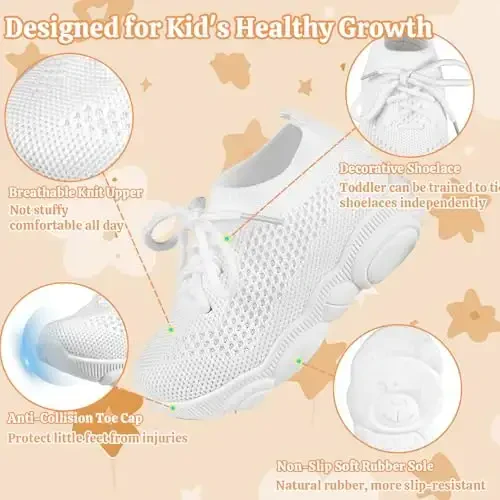 Toddler Baby Girls Boys Tennis White Walking Barefoot Slip on Shoes 18-24 Months Size 5 Wide Toe Box Summer Soft Sole Flexible Dinosaur Cheer Shoes Breathable Outdoor Soccer Rubber Sneakers - 4