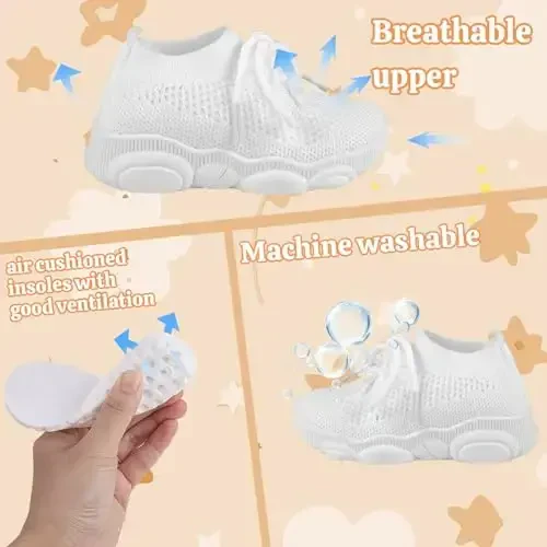 Toddler Baby Girls Boys Tennis White Walking Barefoot Slip on Shoes 18-24 Months Size 5 Wide Toe Box Summer Soft Sole Flexible Dinosaur Cheer Shoes Breathable Outdoor Soccer Rubber Sneakers - 5