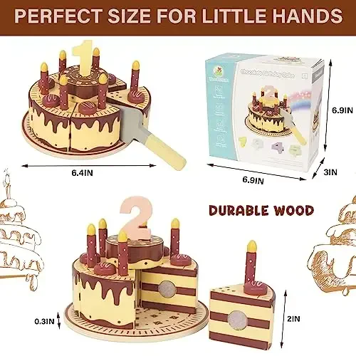 WoodenEdu Pretend Play Food for Toddlers 2-5,Wooden Birthday Fake Cake with Candles and Numbers,Tea Party Learning Kitchen Gift Toys for Boys Girls (Chocolate Cake) - 3