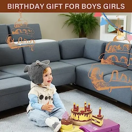 WoodenEdu Pretend Play Food for Toddlers 2-5,Wooden Birthday Fake Cake Toy | Including Candles and Numbers,Tea Party Learning Kitchen Set Birthday Gift Toys for Boys Girls 