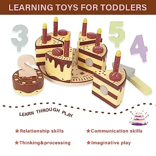 WoodenEdu Pretend Play Food for Toddlers 2-5,Wooden Birthday Fake Cake with Candles and Numbers,Tea Party Learning Kitchen Gift Toys for Boys Girls (Chocolate Cake) - WOODENEDU (1)
