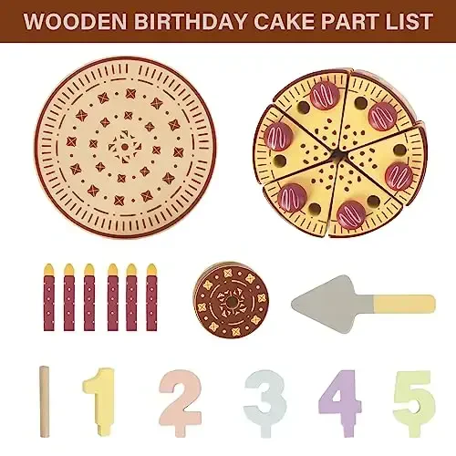 WoodenEdu Pretend Play Food for Toddlers 2-5,Wooden Birthday Fake Cake with Candles and Numbers,Tea Party Learning Kitchen Gift Toys for Boys Girls (Chocolate Cake) - 5