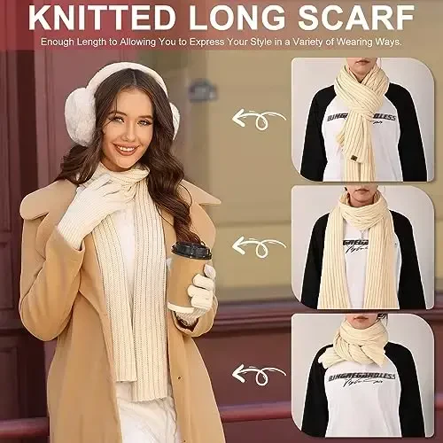 Yusongirl Winter Women Scarf Gloves Beanie Ear Muffs Socks Set Cold Weather Warm Knit Hat Fleece Long Neck Warmer 5 in 1 Set - 3