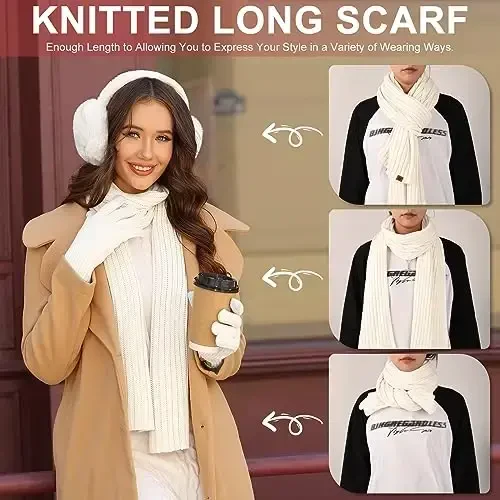 Yusongirl Winter Women Scarf Gloves Beanie Ear Muffs Socks Set Cold Weather Warm Knit Hat Fleece Long Neck Warmer 5 in 1 Set - 3