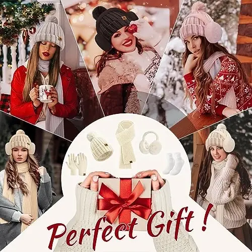 Yusongirl Winter Women Scarf Gloves Beanie Ear Muffs Socks Set Cold Weather Warm Knit Hat Fleece Long Neck Warmer 5 in 1 Set - 5