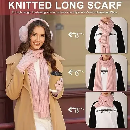 Yusongirl Winter Women Scarf Gloves Beanie Ear Muffs Socks Set Cold Weather Warm Knit Hat Fleece Long Neck Warmer 5 in 1 Set - 3