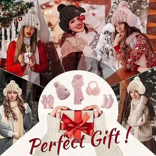Yusongirl Winter Women Scarf Gloves Beanie Ear Muffs Socks Set Cold Weather Warm Knit Hat Fleece Long Neck Warmer 5 in 1 Set - 5