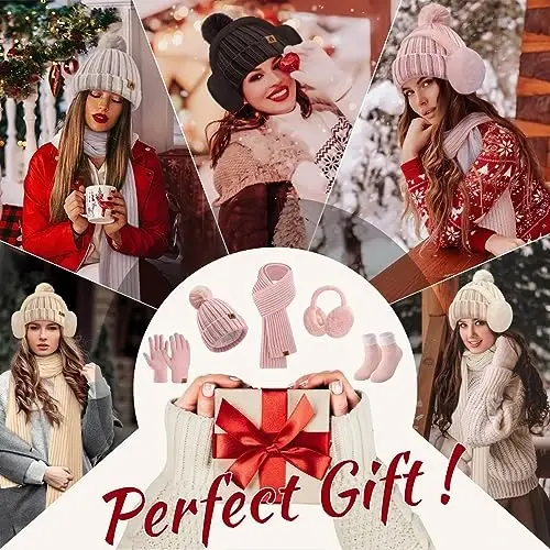 Yusongirl Winter Women Scarf Gloves Beanie Ear Muffs Socks Set Cold Weather Warm Knit Hat Fleece Long Neck Warmer 5 in 1 Set - 5