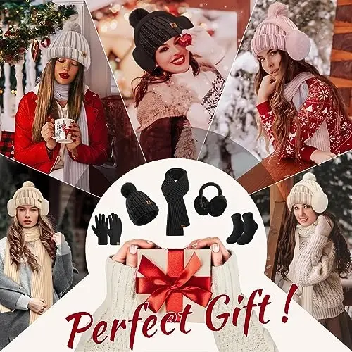 Yusongirl Winter Women Scarf Gloves Beanie Ear Muffs Socks Set Cold Weather Warm Knit Hat Fleece Long Neck Warmer 5 in 1 Set - 5