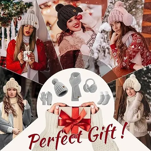 Yusongirl Winter Women Scarf Gloves Beanie Ear Muffs Socks Set Cold Weather Warm Knit Hat Fleece Long Neck Warmer 5 in 1 Set - 5