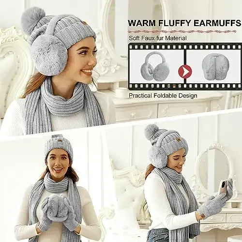 Yusongirl Qishki Ayollar Sharf Qo'lqoplar Beanie Quloqchinlar Paypoqlar To'plami Sovuq Ob-Havo Issiq Trikotaj Shlyapa Fleece Uzun Bo'yin Isitgich 5 in 1 To'plam - 6