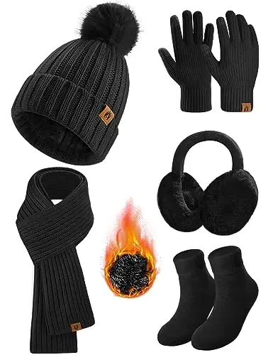 Yusongirl Qishki Ayollar Sharf Qo'lqoplar Beanie Quloqchinlar Paypoqlar To'plami Sovuq Ob-Havo Issiq Trikotaj Shlyapa Fleece Uzun Bo'yin Isitgich 5 in 1 To'plam - YUSONGIRL