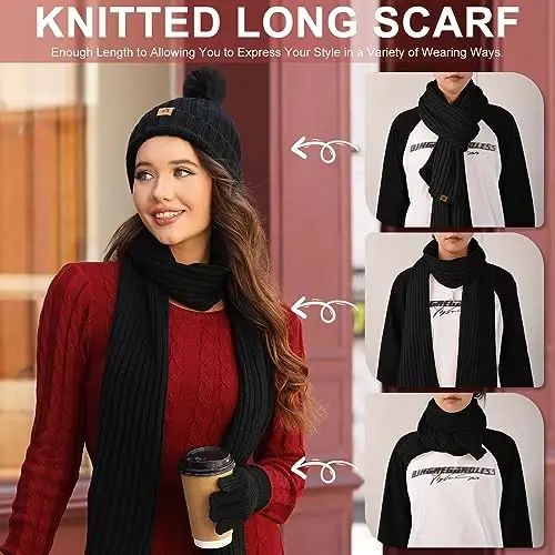 Yusongirl Qishki Ayollar Sharf Qo'lqoplar Beanie Quloqchinlar Paypoqlar To'plami Sovuq Ob-Havo Issiq Trikotaj Shlyapa Fleece Uzun Bo'yin Isitgich 5 in 1 To'plam - 3