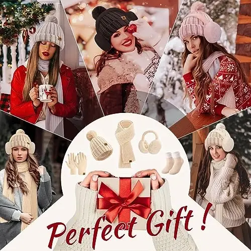 Yusongirl Winter Women Scarf Gloves Beanie Ear Muffs Socks Set Cold Weather Warm Knit Hat Fleece Long Neck Warmer 5 in 1 Set - 5