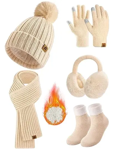 Yusongirl Winter Women Scarf Gloves Beanie Ear Muffs Socks Set Cold Weather Warm Knit Hat Fleece Long Neck Warmer 5 in 1 Set - 1