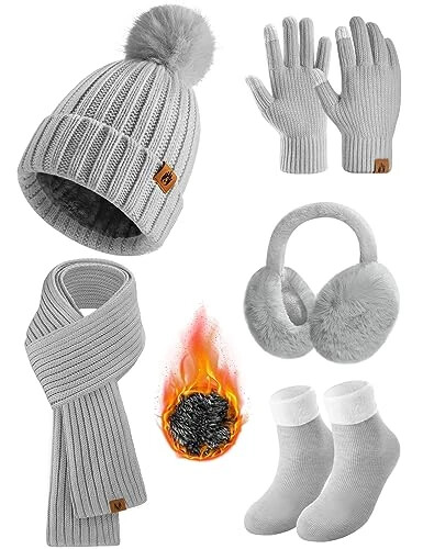 Yusongirl Winter Women Scarf Gloves Beanie Ear Muffs Socks Set Cold Weather Warm Knit Hat Fleece Long Neck Warmer 5 in 1 Set - 1