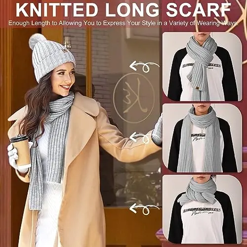 Yusongirl Winter Women Scarf Gloves Beanie Ear Muffs Socks Set Cold Weather Warm Knit Hat Fleece Long Neck Warmer 5 in 1 Set - 3