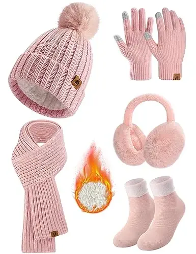 Yusongirl Winter Women Scarf Gloves Beanie Ear Muffs Socks Set Cold Weather Warm Knit Hat Fleece Long Neck Warmer 5 in 1 Set 