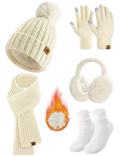 Yusongirl Winter Women Scarf Gloves Beanie Ear Muffs Socks Set Cold Weather Warm Knit Hat Fleece Long Neck Warmer 5 in 1 Set - 1