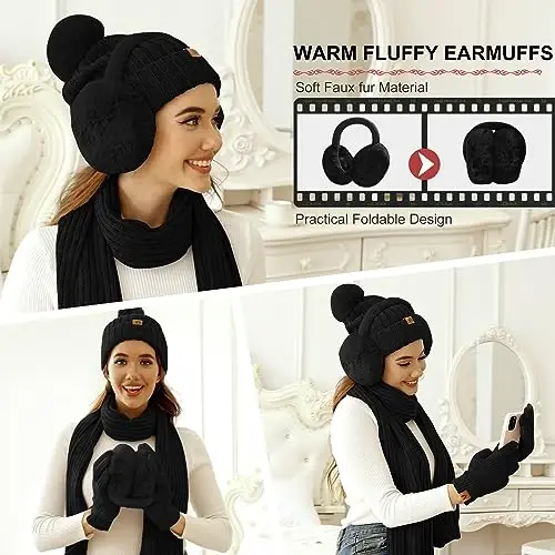 Yusongirl Winter Women Scarf Gloves Beanie Ear Muffs Socks Set Cold Weather Warm Knit Hat Fleece Long Neck Warmer 5 in 1 Set - 6