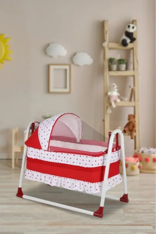 Yuvam Lyuks Sepet Beshik Portativ Bebek Beshigi Sallanadigan Beshik-Qizil - 1