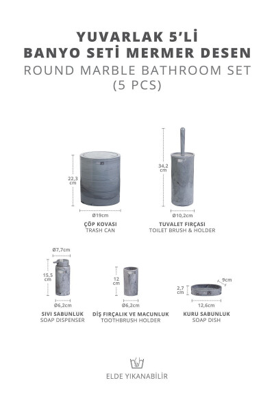 Yuvarlak Mermer Desenli 5'li Banyo Seti - 5