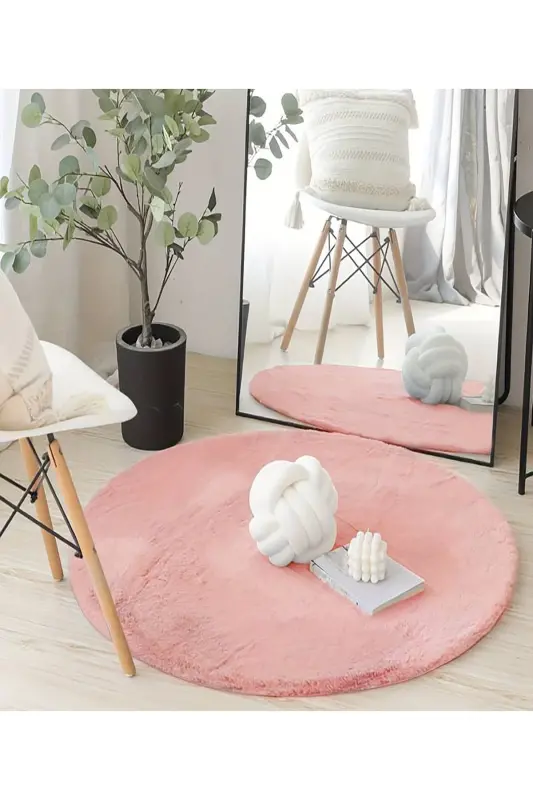 Pembe Daire Model Peluş Halı Robot Süpürgeye Uygun Kalın Yumuşak Oturma Odası Halısı - pembe - 1