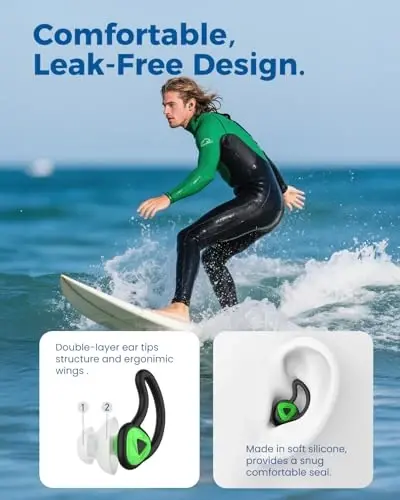 Ear Plugs for Swimming–2 Pairs Soft Silicone Reusable Waterproof Earplugs for Adults & Men Women, Custom Fit for Swimmers Ear, Pool, Beach, Snorkeling, Surfing, Kickboard Training(Blue&Green) - 2