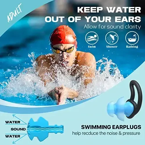 Ear Plugs for Swimming–2 Pairs Soft Silicone Reusable Waterproof Earplugs for Adults & Men Women, Custom Fit for Swimmers Ear, Pool, Beach, Snorkeling, Surfing, Kickboard Training(Sky Blue) - HEARPROTEK (1)